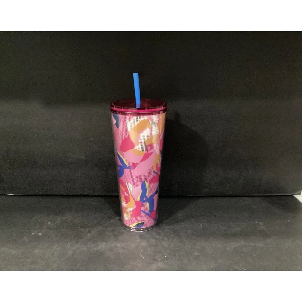 STARBUCKS Spring 2023 Pink Floral Cold Cup Tumbler Venti‎ 24 oz Blue Straw